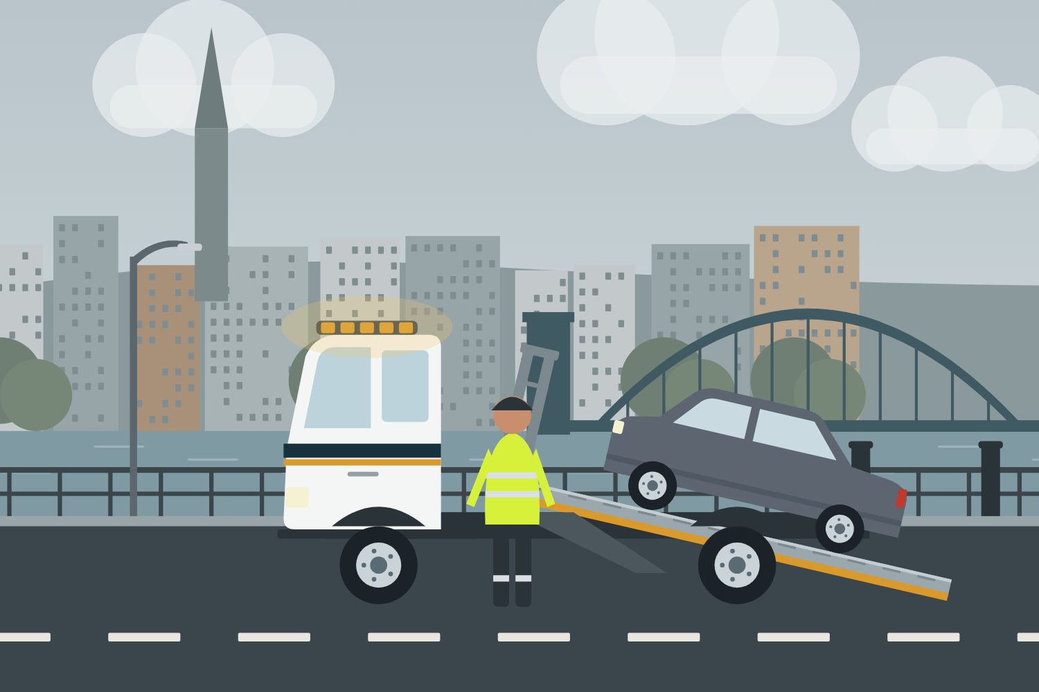 Flatbed recovery truck loading a blue saloon on a motorway hard shoulder near Washington