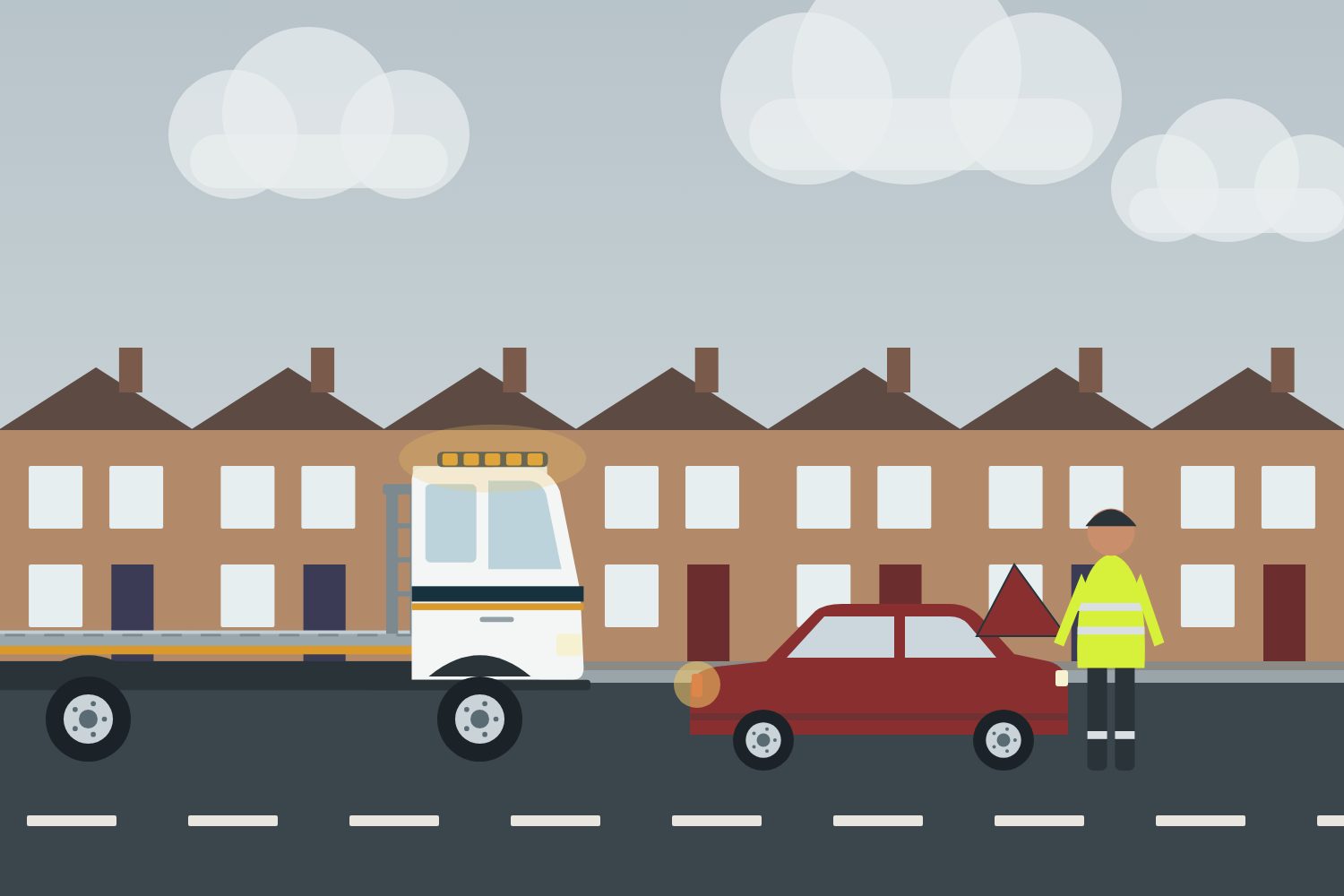 Yellow flatbed recovery truck carrying a silver estate car on a leafy suburban street of semi-detached houses